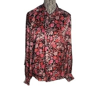 CHENAUT NEWFloral Print Blouse‎ Long Sleeve Button Up Pink floral satin blouse